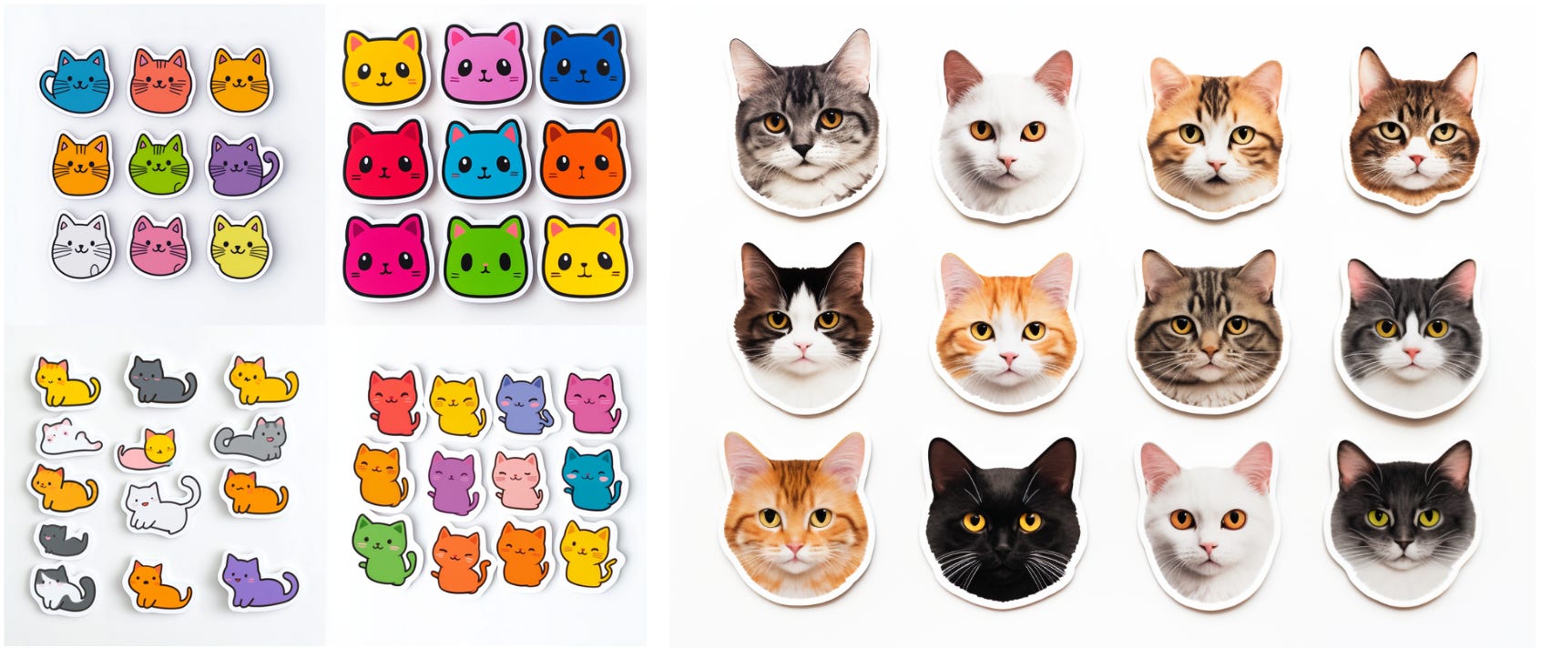 Left: A collection of adorable cat stickers. Right: Photographic style stickers. 