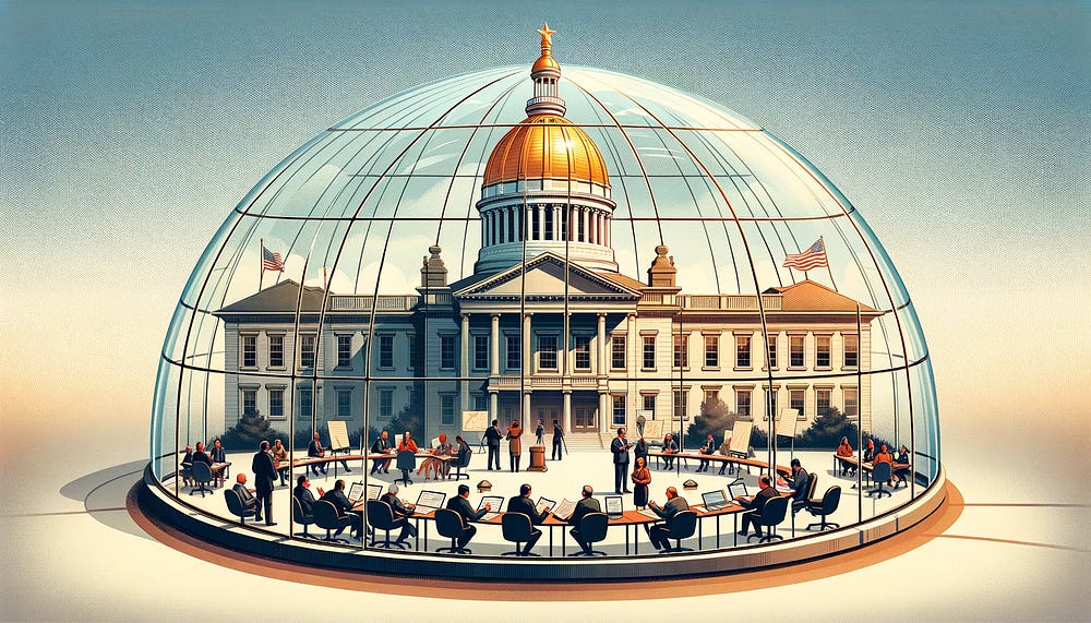 Illustration of a neoclassical building resembling the Trenton Statehouse, enclosed in a transparent dome. The dome houses a circular platform where a diverse group of individuals engage in various activities, such as conversing, reading, and working on laptops. The golden dome of the building gleams under a clear sky, flanked by two American flags.