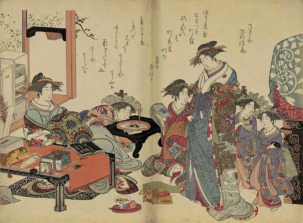 Woodblock print of prostitutes at Tokyo's red light district of Yoshiwara Woodblock print of prostitutes at Tokyo's red light district of Yoshiwara