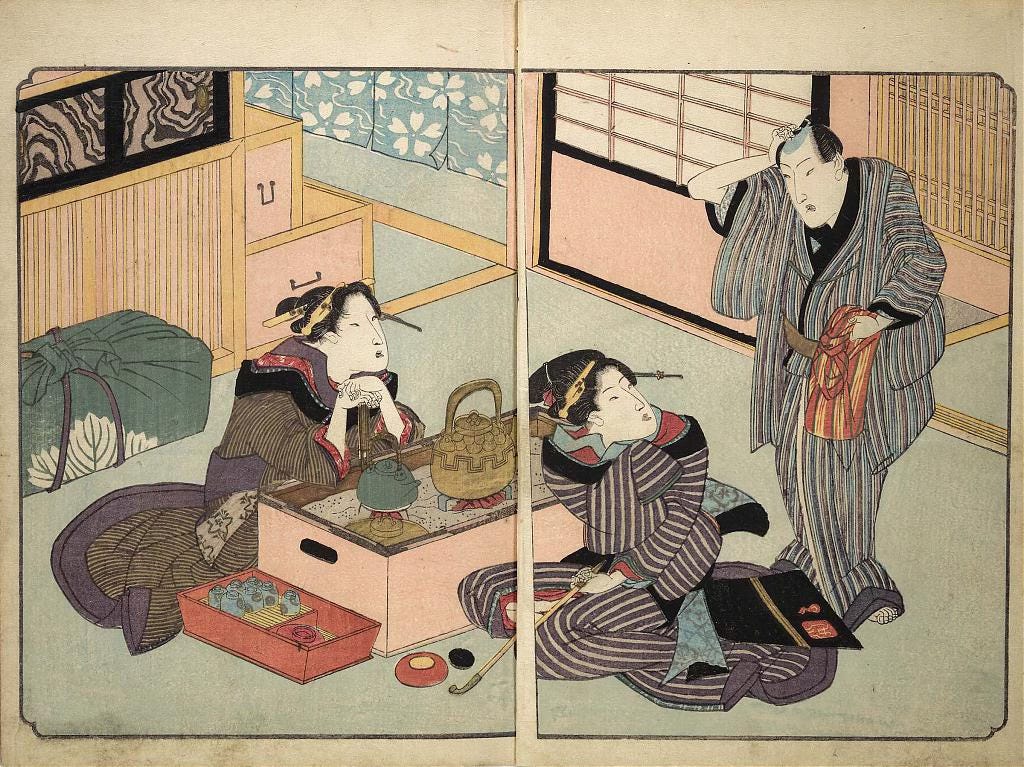 Two courtesans sit next to a nagahibachi without a cat shelf and drawers, ca. 1830s Two courtesans sit next to a nagahibachi without a cat shelf and drawers, ca. 1830s