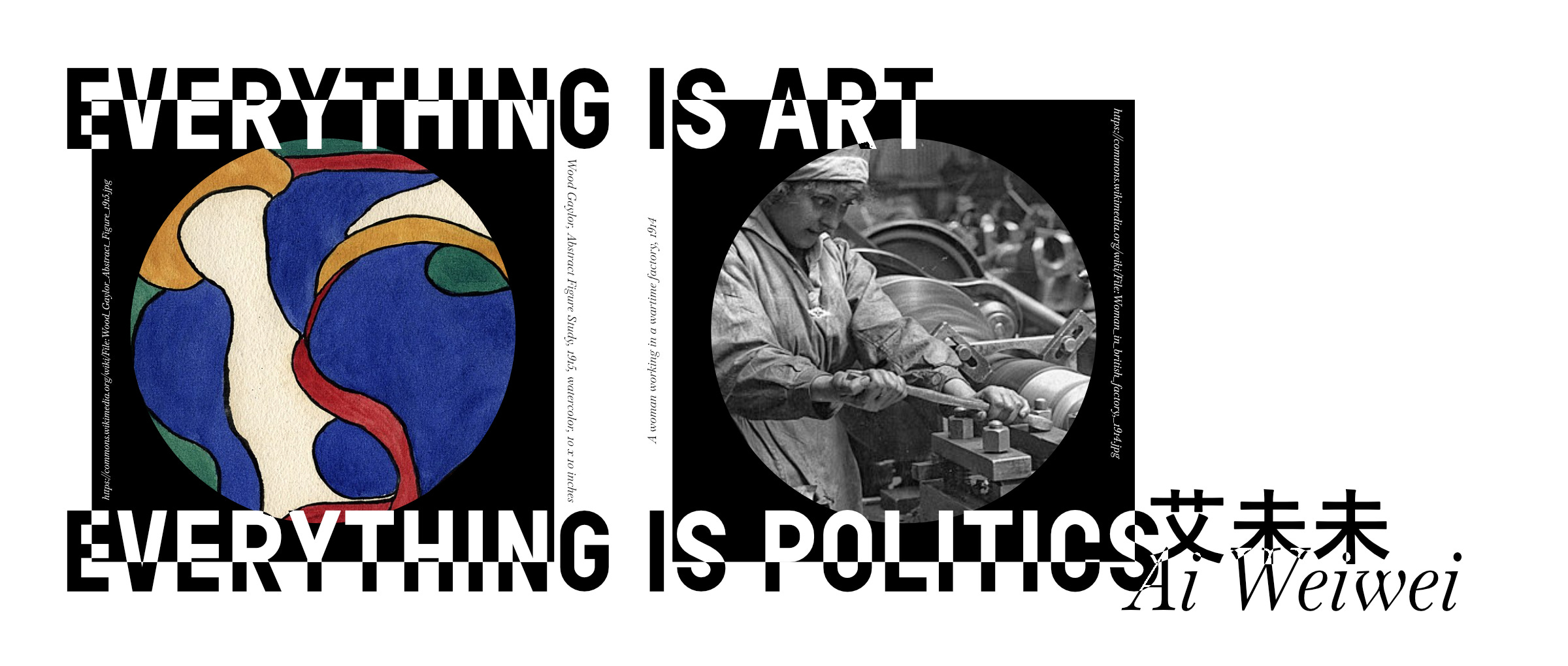 Decorative quote featuring two lines of text overlapping with images contained in circular frames. The quote reads "Everything is art. Everything is politics" - Ai Weiwei and the two images are an abstract painting and a black and white photograph of a woman working in a factory.