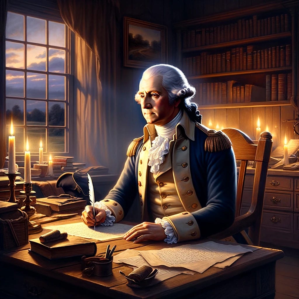A historical painting depicting George Washington in the late 18th century, sitting at a wooden desk in his study, illuminated by candlelight. He is thoughtfully writing his Farewell Address with a quill pen, surrounded by books and parchment. Washington is dressed in period-appropriate clothing, a blue coat with brass buttons, and a white ruffled shirt. The room reflects colonial American decor, with a large window showing a glimpse of the evening sky and a countryside landscape. The mood is contemplative and solemn, highlighting the gravity of the moment.