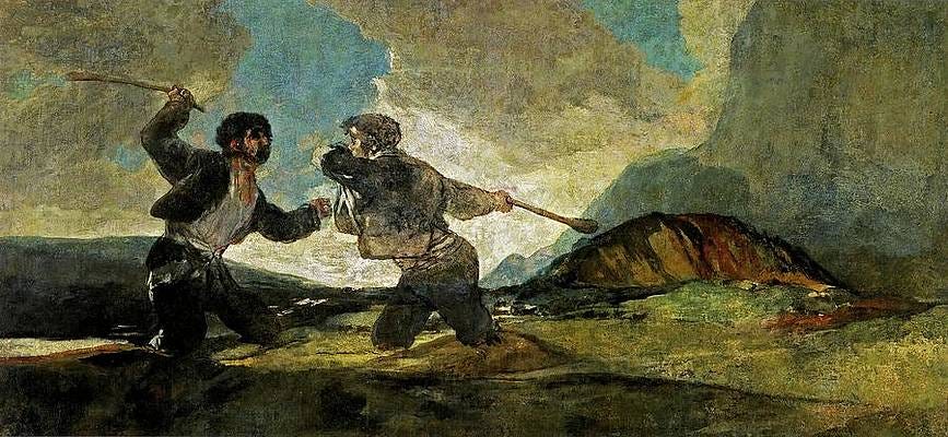 Duel Painting - Francisco de Goya y Lucientes / 'Duel with Cudgels', 1820-1823, Spanish School. by Francisco de Goya -1746-1828-