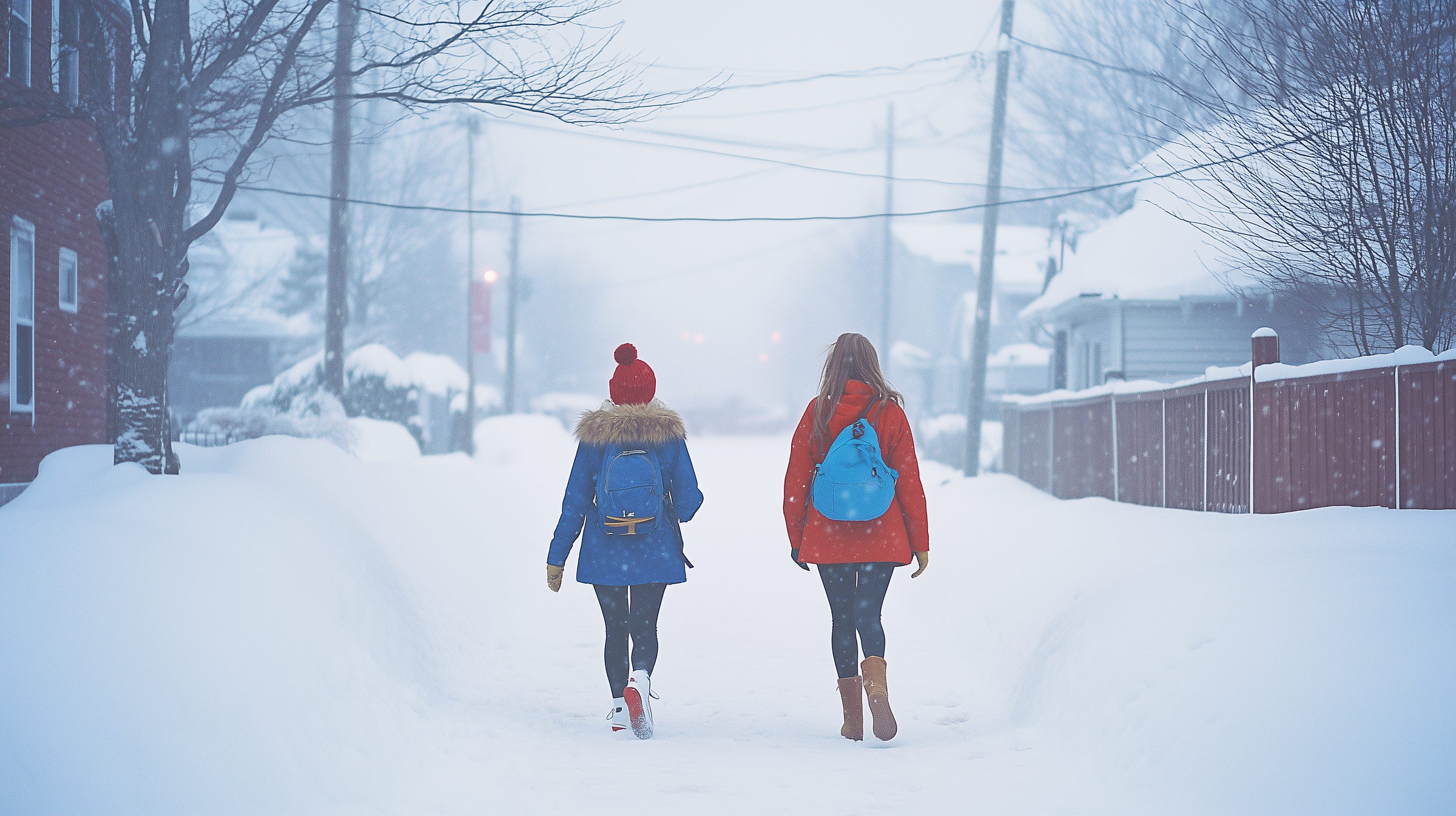 Two individuals walking down a snow-covered residential street, wearing winter coats and backpacks, with light snowfall creating a serene winter atmosphere. Perfect for content related to winter, snow, urban settings, and outdoor activities.