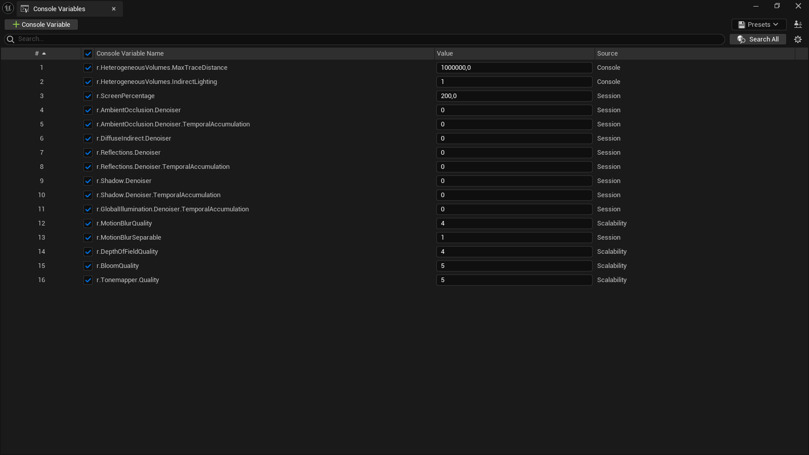 Then, enter the desired console variables and save the preset.