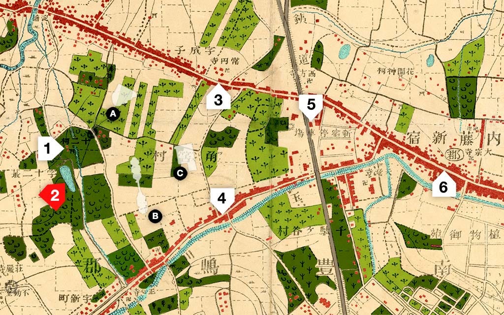 Colored map of Shinjuku in 1894 (Meiji 27)