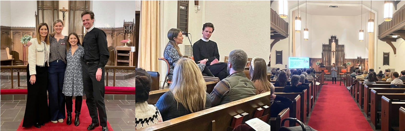 collage of photos of Amy Julia standing with 3 members of the church staff and her speaking in the church sanctuary