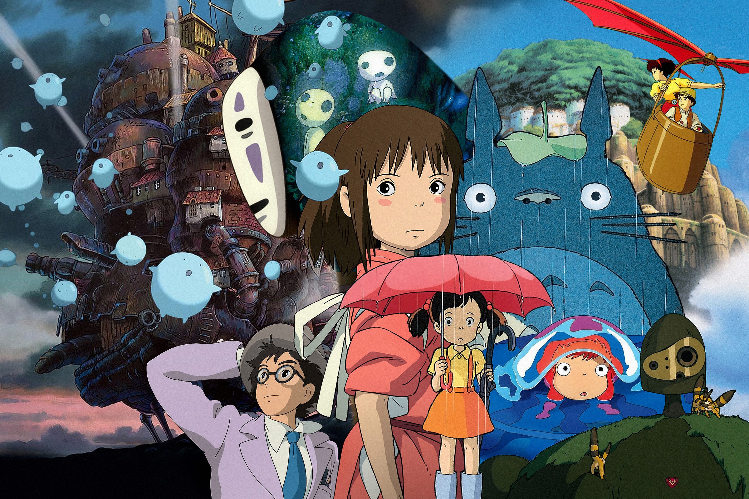 An illustrated montage featuring various characters, creatures, and landscapes from Studio Ghibli animated movies.