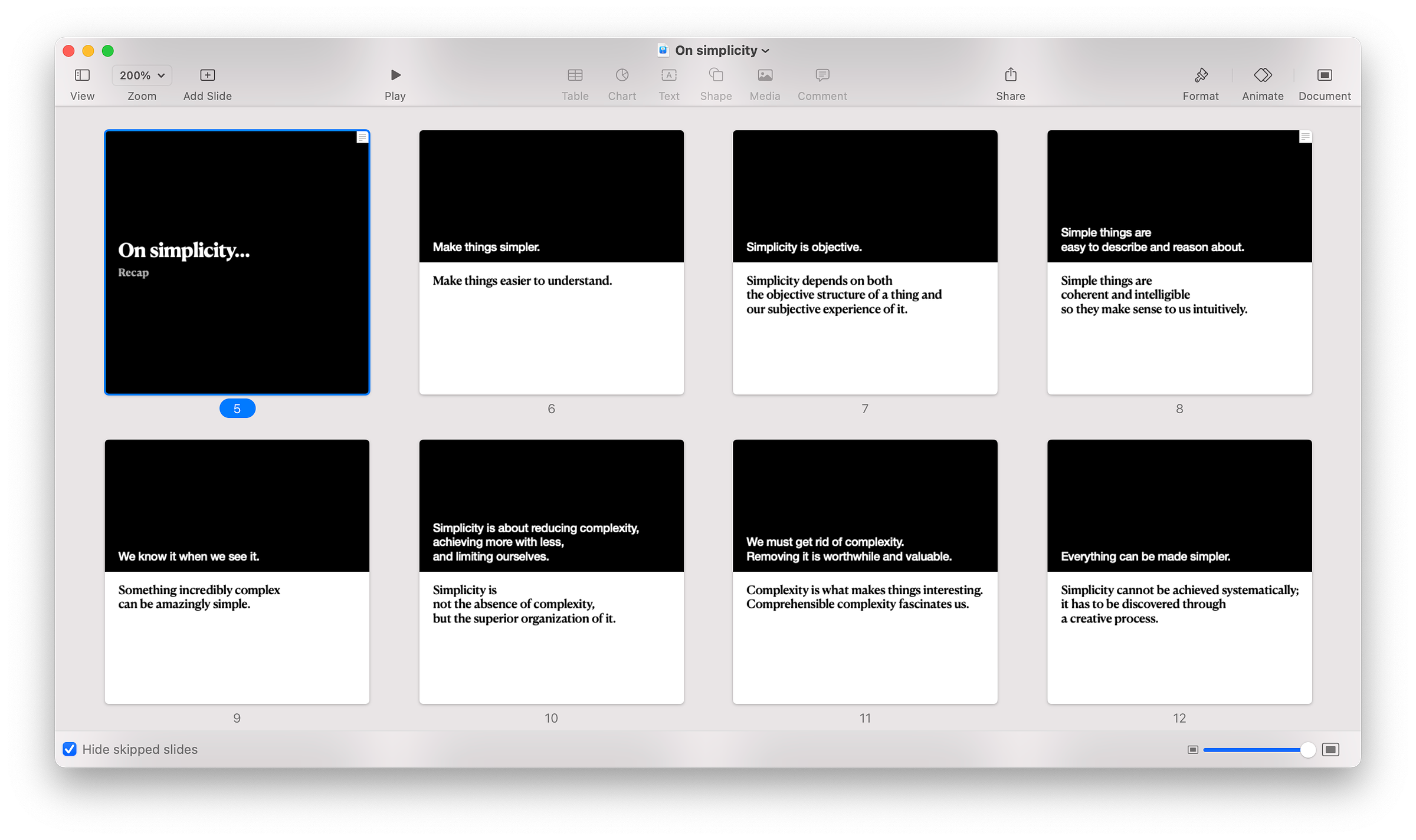 Screenshot of eight slides in Apple Keynote with contrasting quotes about simplicity.