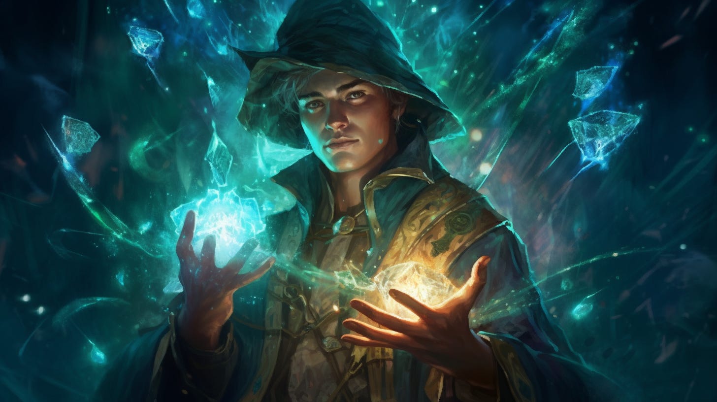 ai-generated illustration of a man in a wizard hat practicing magic