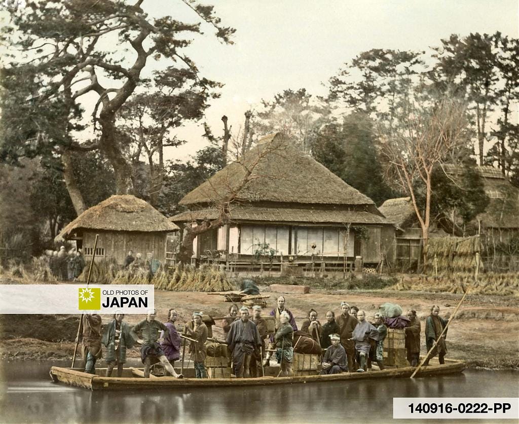 Vintage hand colored albumen print of a Japanese ferry with passengers and luggage, ca. 1860s