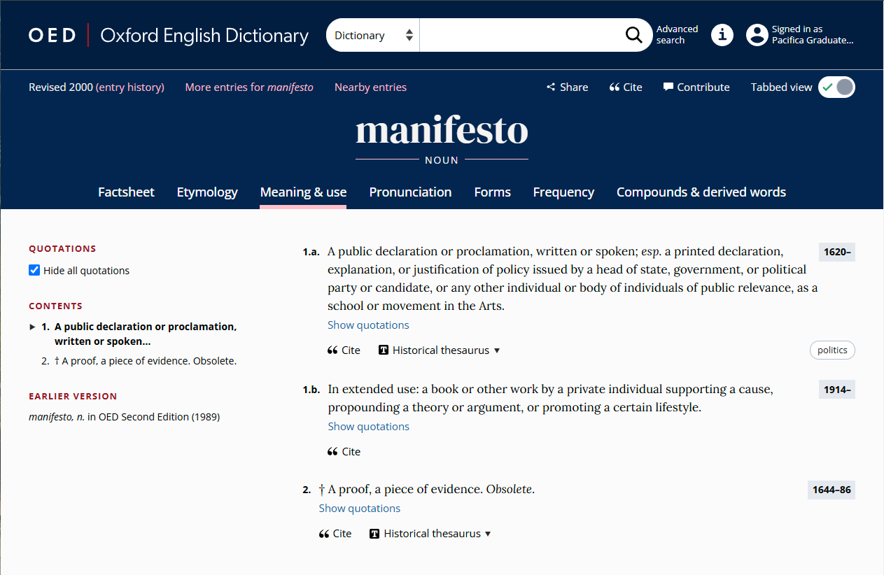 Image of the Oxford English Dictionary definition of manifesto, noun