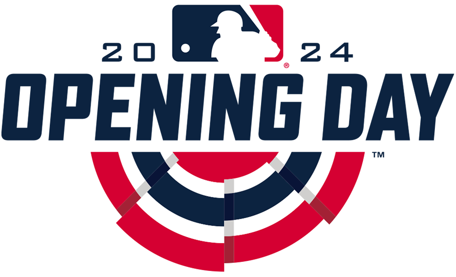  MLB Opening Day Logo Primary Logo (2024) - The 2024 Major League Baseball Opening Day logo mostly follows the same design template for the event first put in place eight seasons prior in 2018. As with the previous six logos, the design shows traditional red, white, and blue bunting used to decorate stadiums on opening day with OPENING DAY above it in navy blue italics. The MLB logo sits above this flanked by the year 2024. SportsLogos.Net