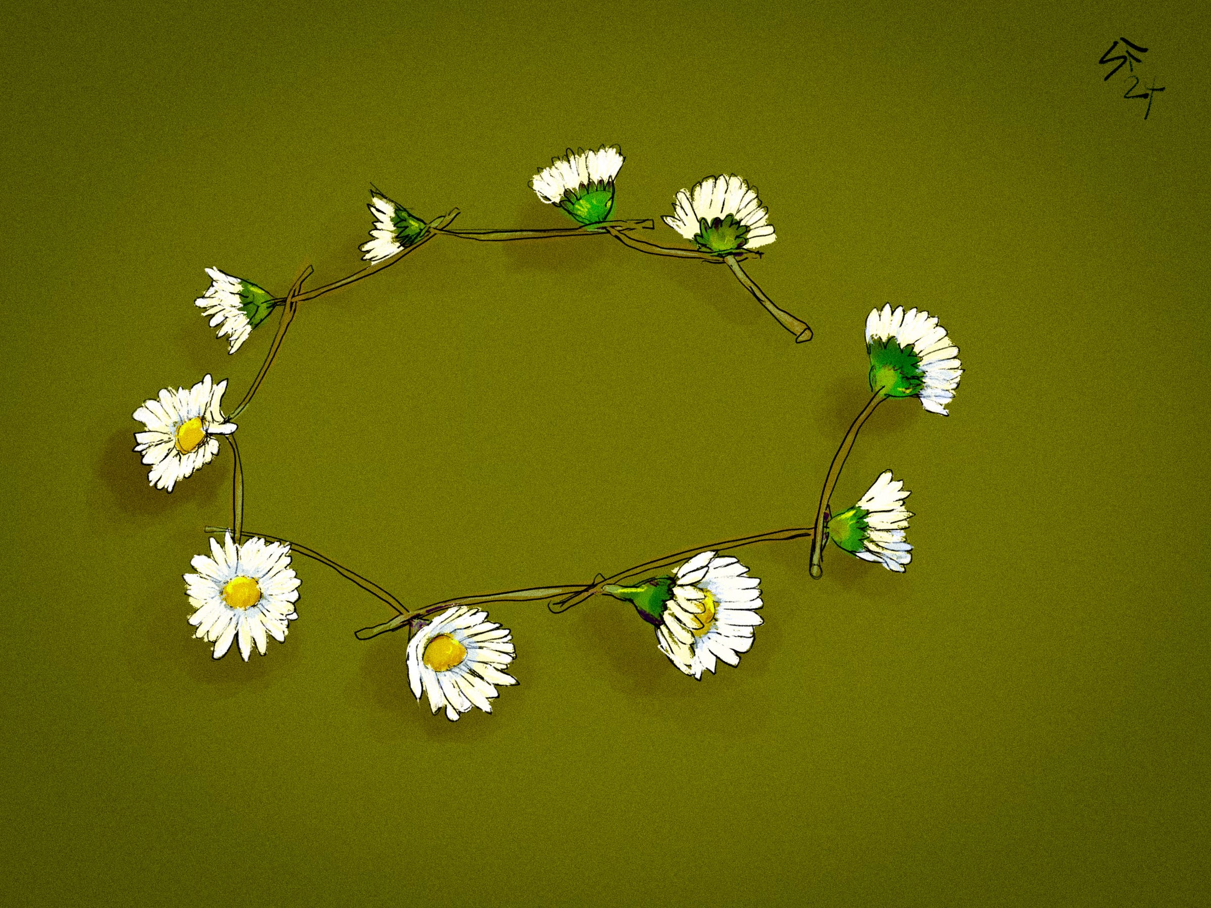 Pastel sketch on dark green ground: an incomplete daisy chain