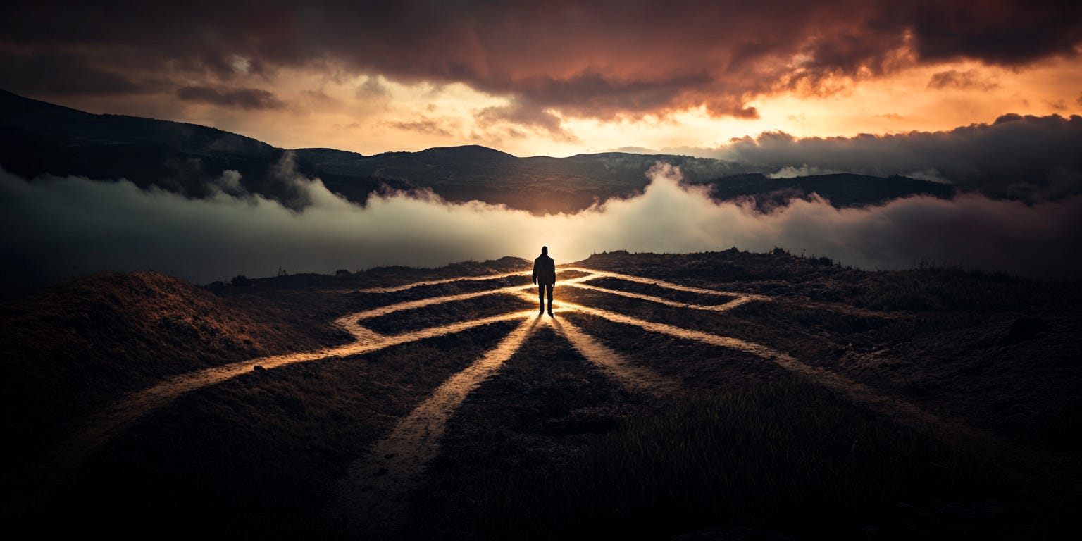 A lone figure standing at a crossroads in a minimalist landscape, where multiple dirt paths branch out into a misty horizon. One path glows with a bright, ethereal light and transforms from dirt into solid gold as it extends forward, while the other paths fade into fog. The figure casts a long shadow that aligns perfectly with the glowing path. The scene is set during twilight with a surreal purple-orange sky, creating a dreamlike atmosphere.