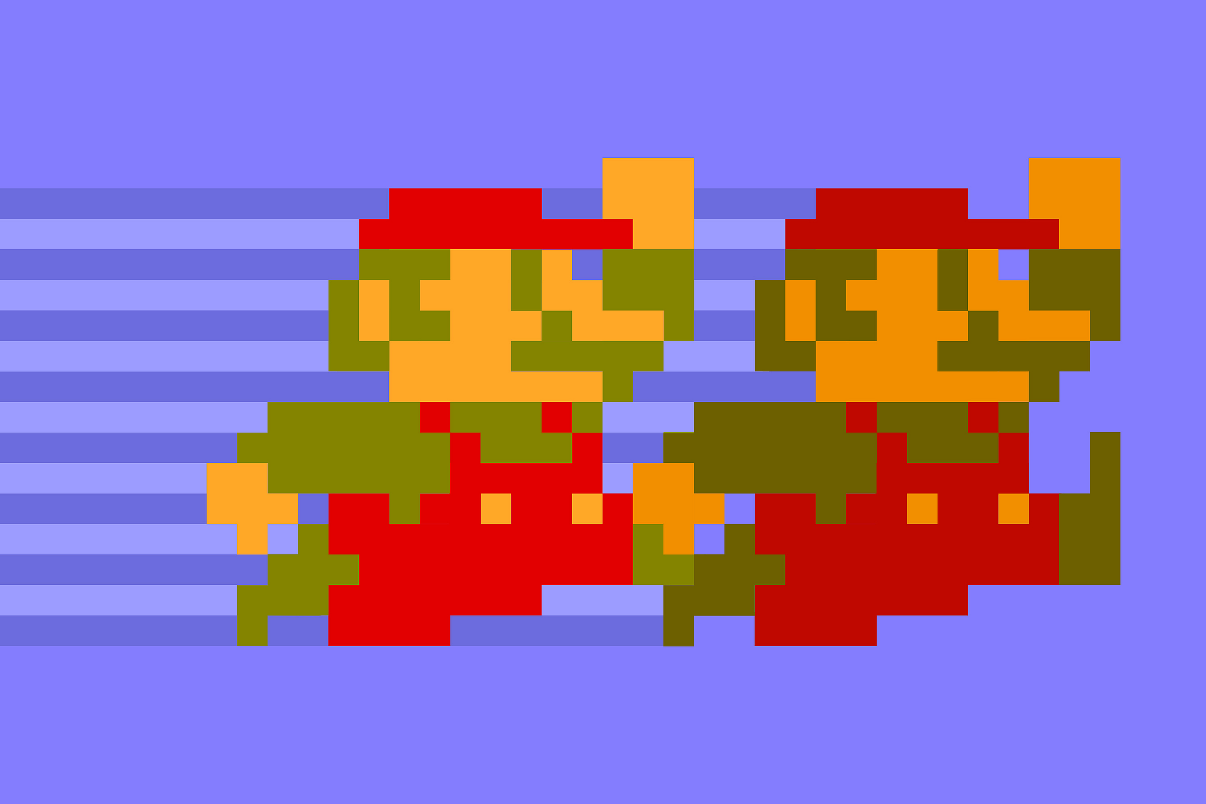 Graphic illustration of two 8-bit Mario characters from Nintendo's Super Mario Bros video game on a purple background with speed lines in two alternating shades of purple.