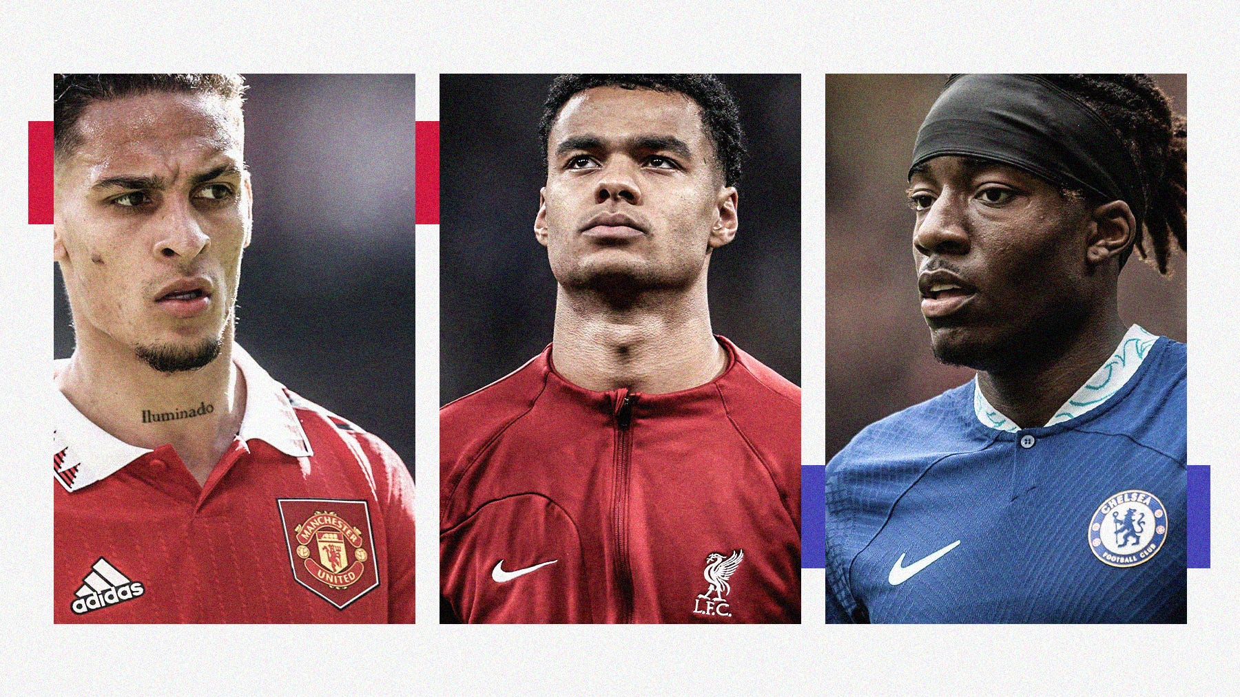 A graphic featuring close-up photos of Manchester United's Antony, Liverpool's Cody Gakpo and Chelsea's Noni Madueke