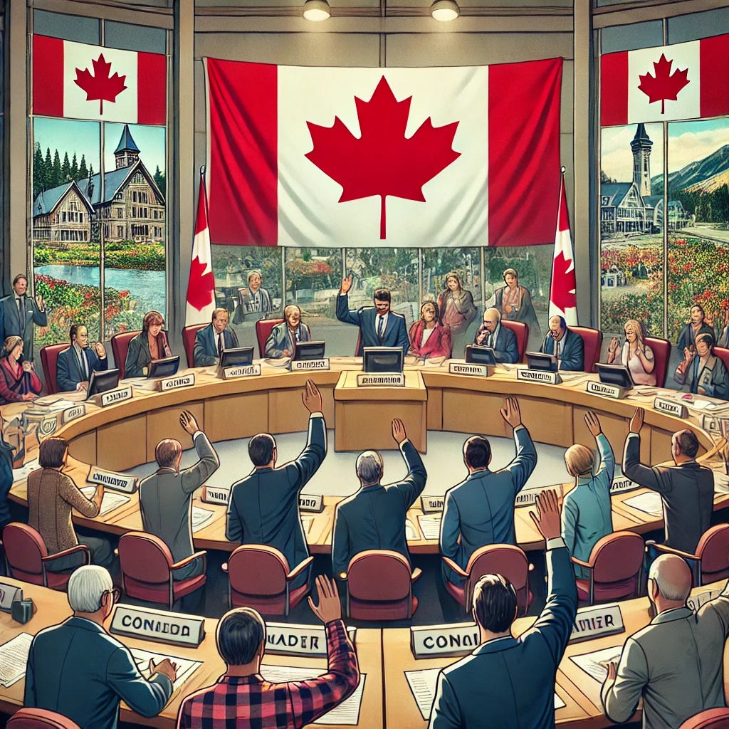 A detailed image of a Canadian local council meeting, where councillors are voting to withdraw from a global sustainability program, emphasizing the protection of the Canadian way of life. Show the councillors in a formal setting, with Canadian flags visible, and imagery that reflects both rural and urban Canadian landscapes. One councillor is making the motion, another is seconding it, and most are raising their hands in favor of withdrawal. The atmosphere should convey the values of Canadian democracy and sovereignty, with symbols like a maple leaf, town hall emblems, and natural landscapes subtly incorporated to highlight the decision's importance in preserving the local way of life.