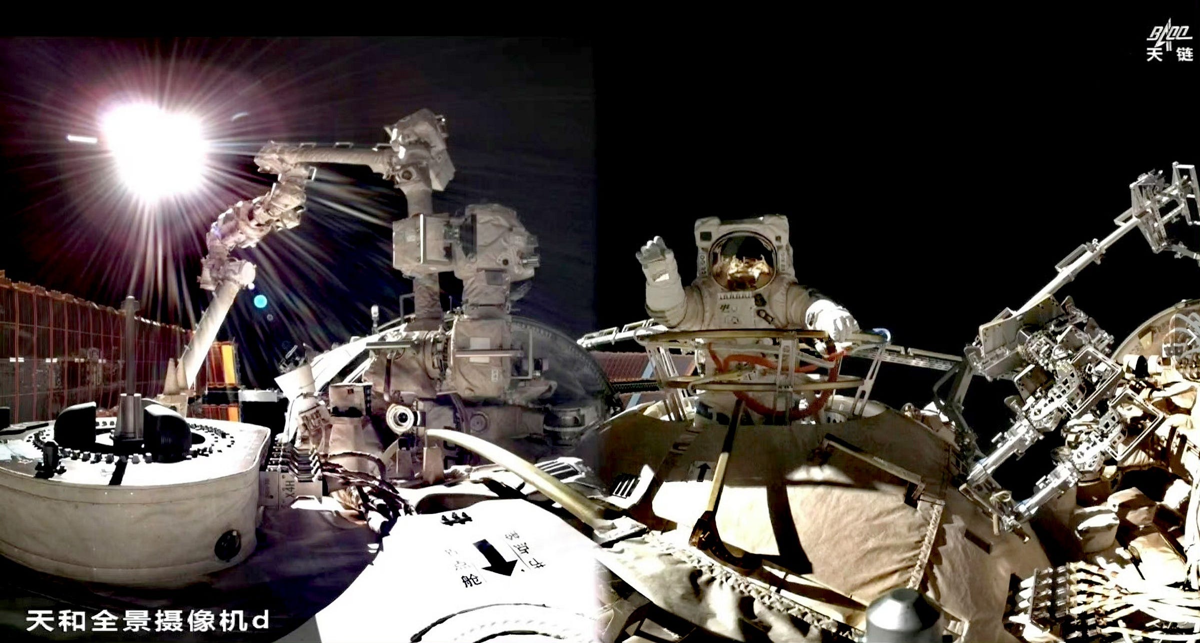 Chen Dong emerging from the Tianhe module’s airlock for the Shenzhou-20 mission’s first spacewalk.