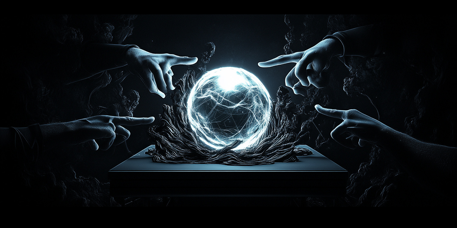 A surreal minimalist illustration: A pair of hands emerging from a desk, molding/sculpting a glowing sphere of light, while dark shadowy figures in the background point fingers at the creation.