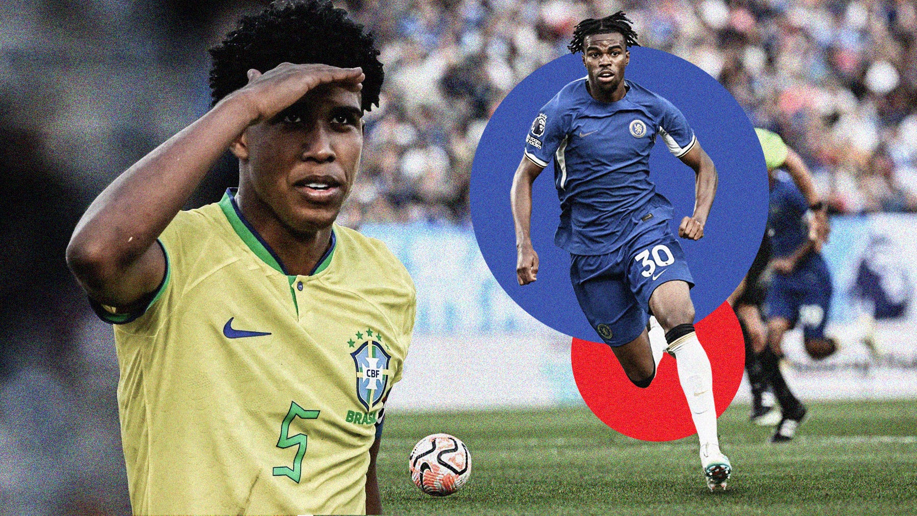 A composite image featuring two photos: on the left, Andrey Santos in a Brazil shirt with his hand on his brow looking toward something; on the right, Carney Chukwuemeka is carrying the ball while playing for Chelsea
