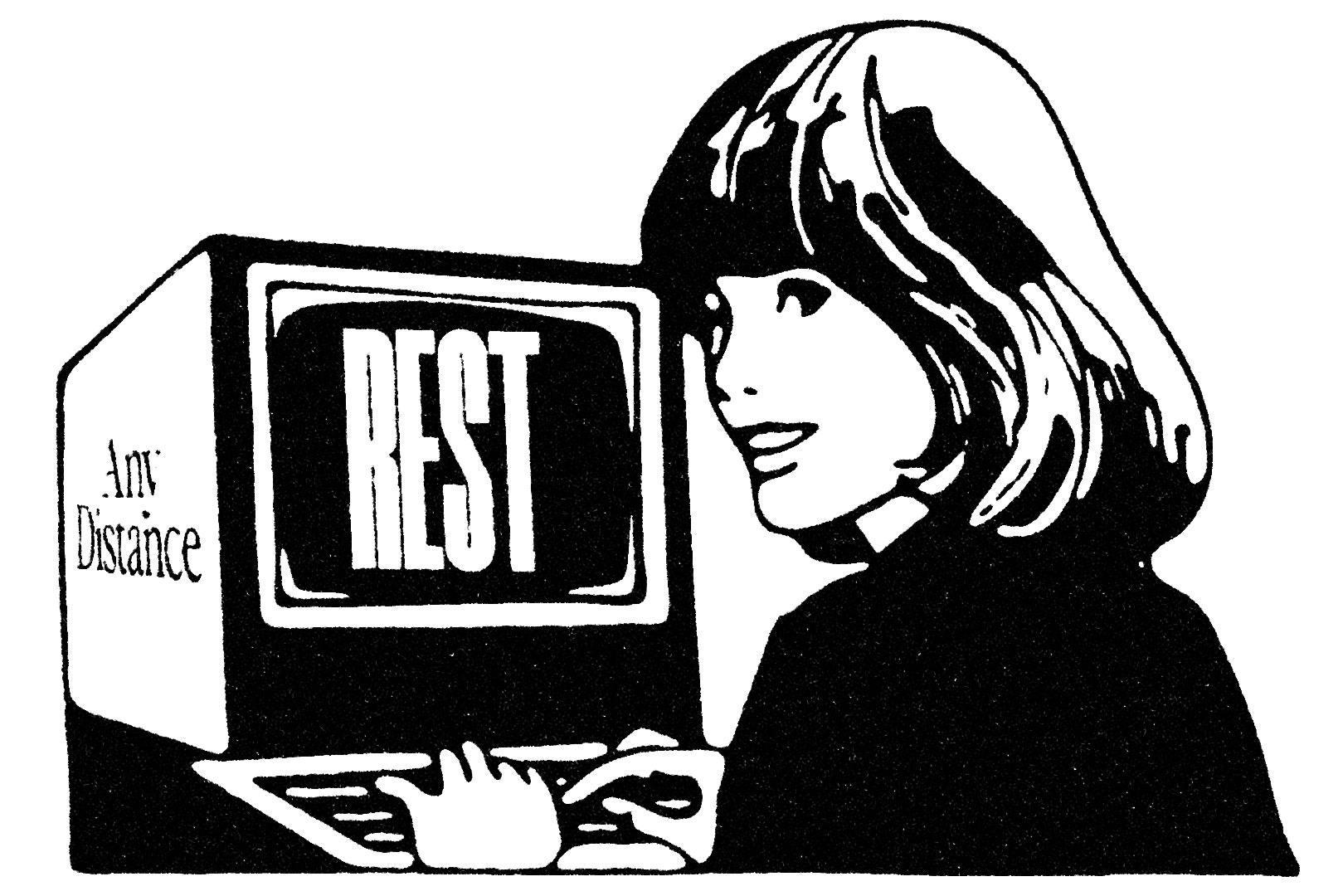 Woman types into retro computer, "rest" appearing on the screen and the Any Distance logo on the side of the computer.