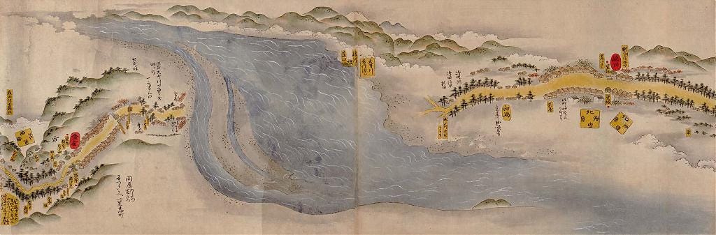 The Ōigawa River on a map of the Tōkaidō, ca. 1700