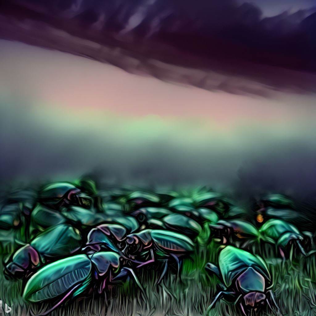 Draw a picture of a large number of green June beetles emerging from a lawn at dusk against a smoky sky. They should be in photo realistic effect