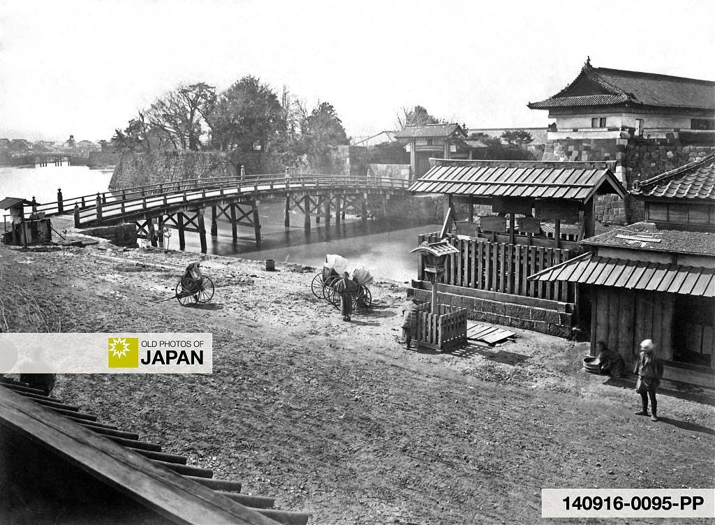 Tokiwabashi Bridge and Edo Castle’s Sotobori outer moat in Nihonbashi, Tokyo, ca. 1860s