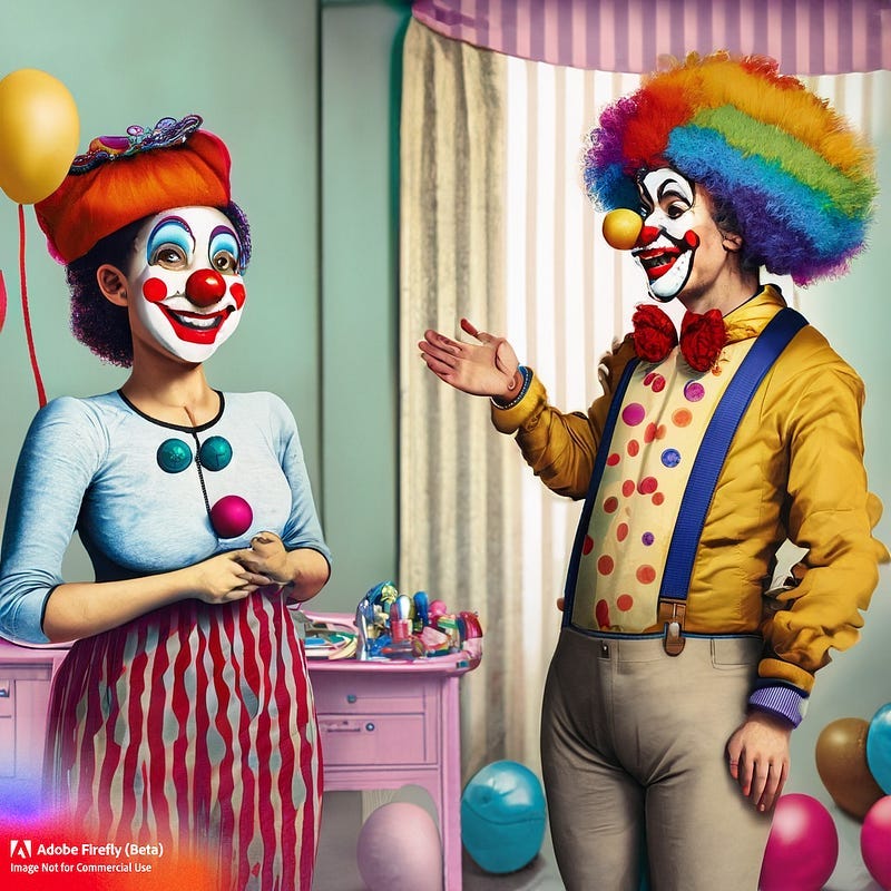2 Clowns Getting Ready- AI Image by Robert G Metivier -with Adobe Firefly beta