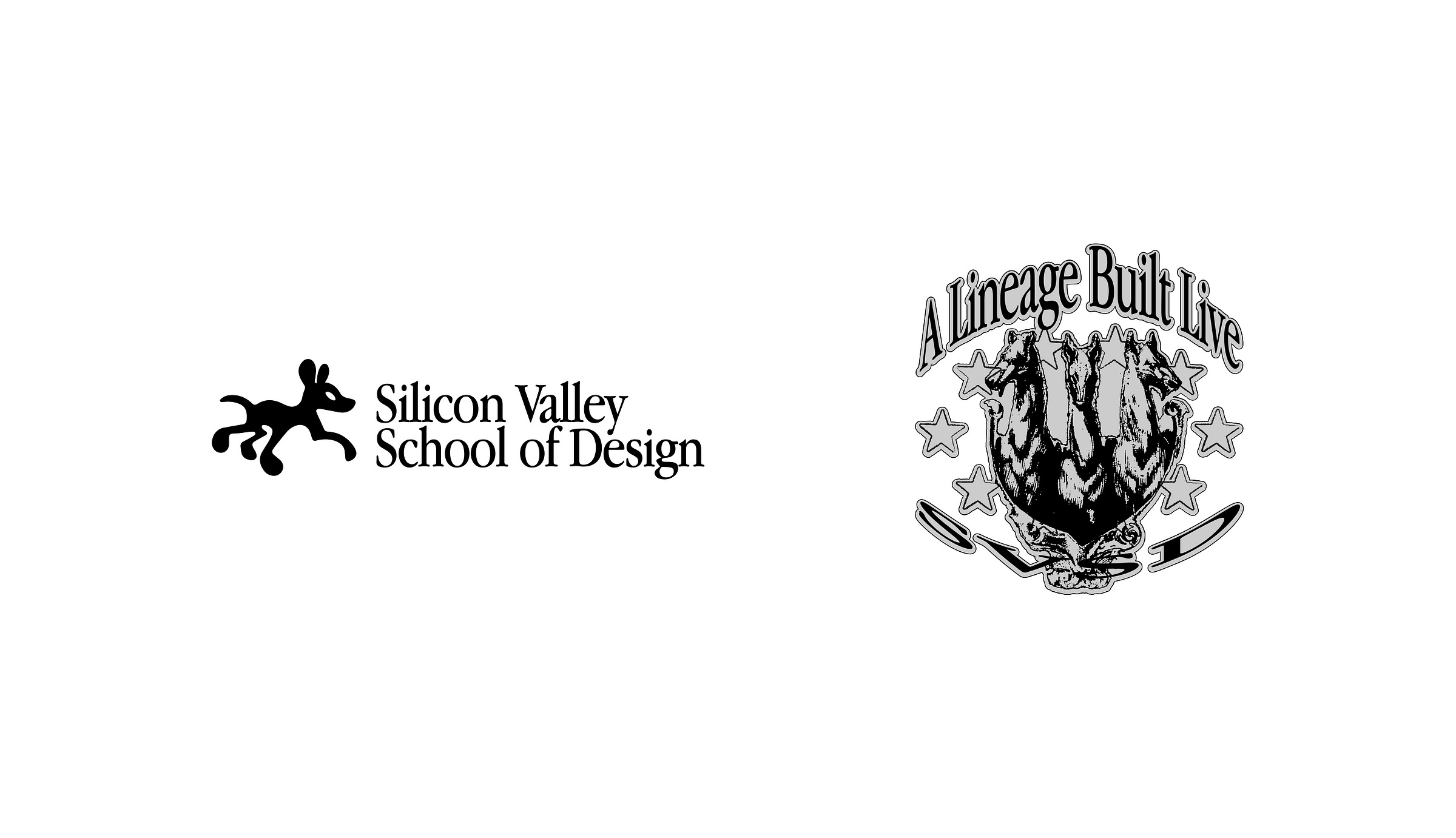 Two logos side by side. On the left, the Silicon Valley School of Design logo features a stylized silhouette of a dog running above the school name in serif type. On the right, the logo for "A Lineage Built Live" depicts three horses in a mirrored arrangement, surrounded by stars and abstract shapes. The text is in a decorative font above the horses.