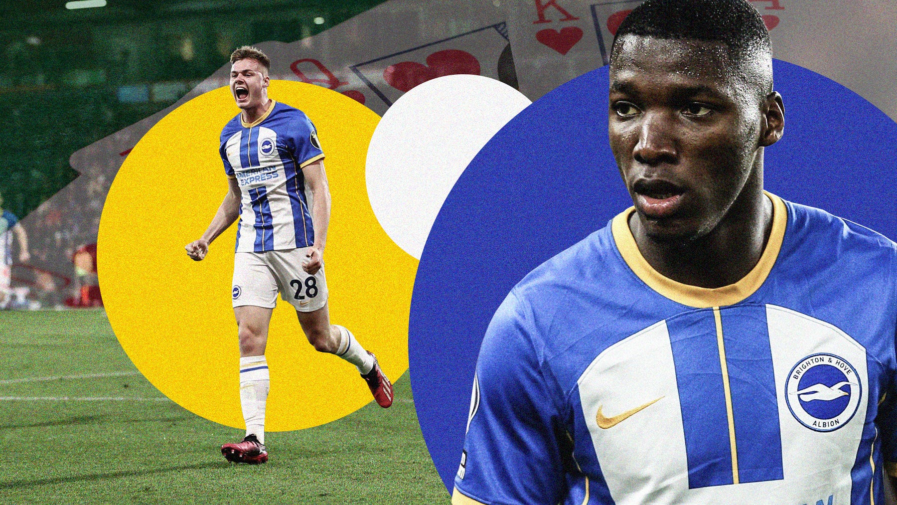 A composite image featuring two photos of Evan Ferguson and Moisés Caicedo in Brighton & Hove Albion shirts, set against colourful circles and a poker table