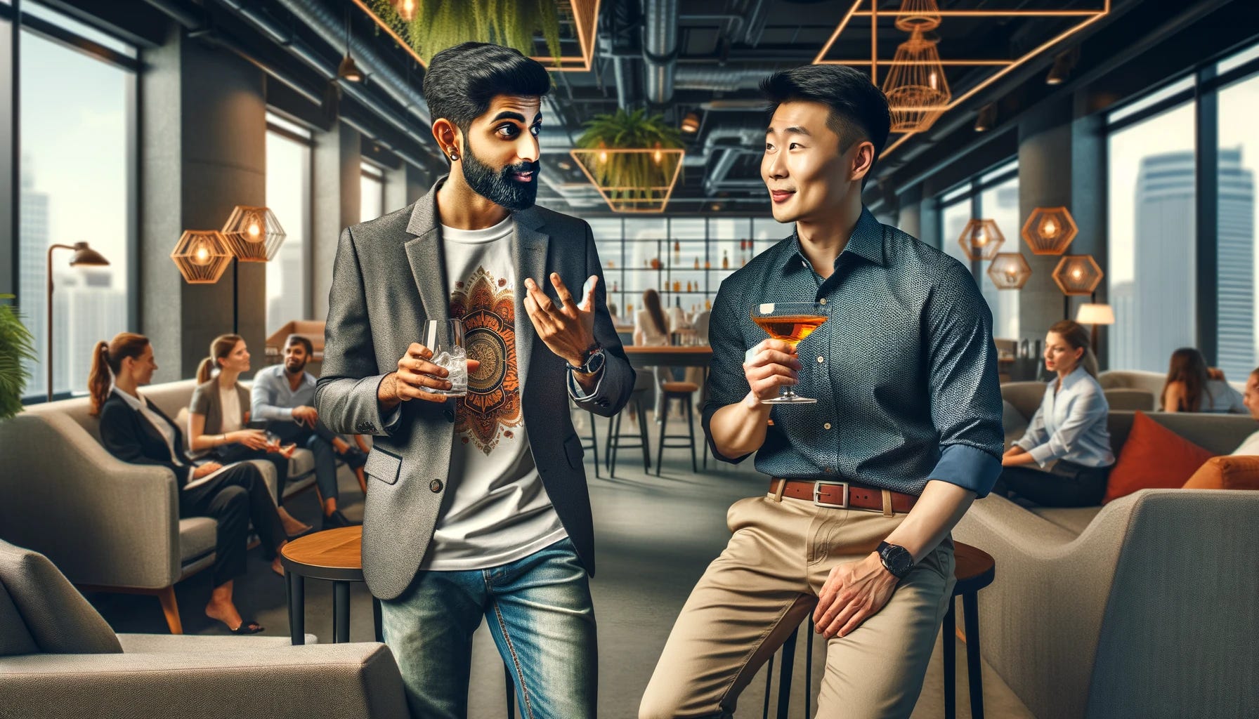 A landscape-oriented business happy hour scene in a modern office lounge, featuring two individuals in tech casual attire, one of Indian ethnicity and the other of Chinese ethnicity, each holding a drink. The Indian person, wearing a smart-casual blazer over a graphic t-shirt and jeans, is confidently explaining a concept with expressive hand gestures, holding a glass of wine. The Chinese person, dressed in a stylish, casual button-up shirt and chinos, is attentively listening, showing interest and curiosity, holding a cocktail. The wider view includes more of the stylish office environment, with comfortable seating, ambient lighting, and a glimpse of the bustling activity in the background.