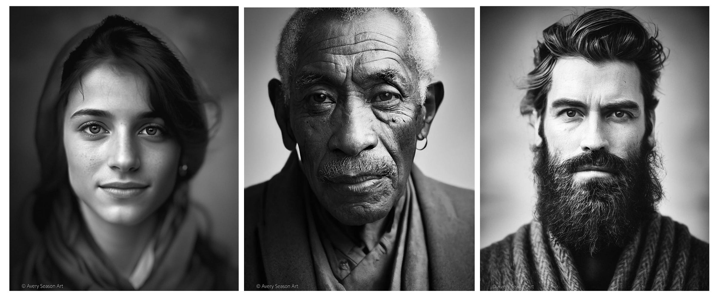 Three black-and-white AI generated portraits: a young woman wearing a headscarf, an older black man, and a white man with a large bearda
