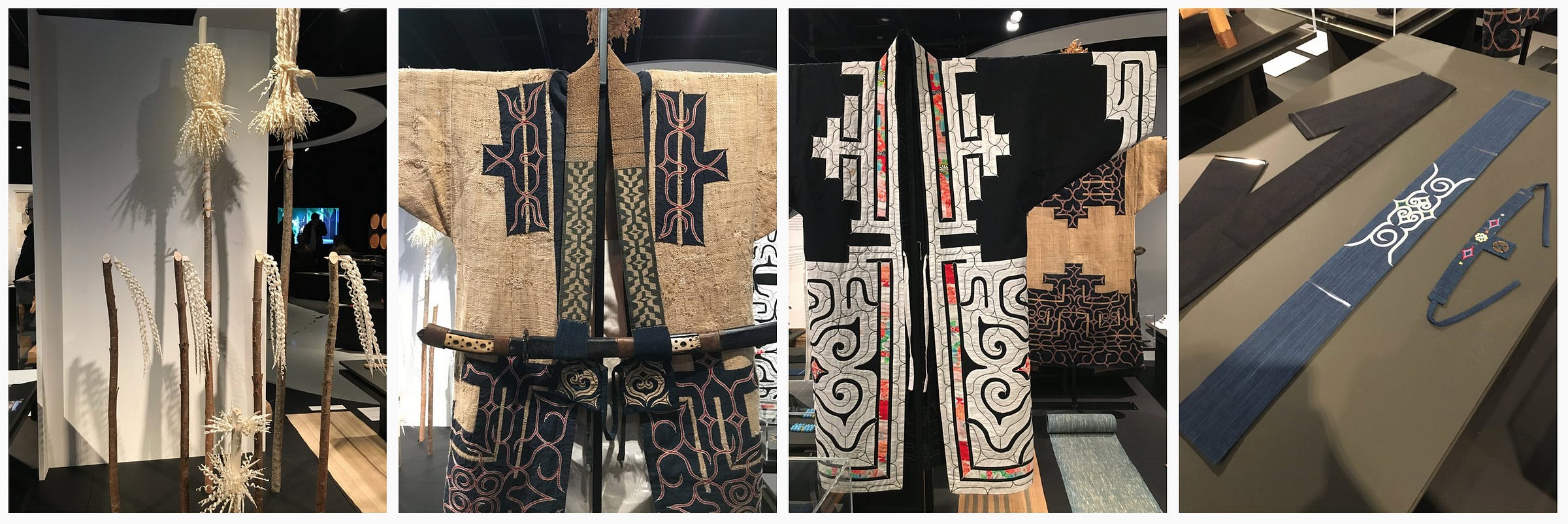 1. Different types of inaw (shaved sticks) made from willow displayed in a particular pattern as if at a ritual alter; 2. An attus amip (elm bark robe), emus-at (sword and sword strap) and sapa-unpe (ceremonial headdress, not all shown); 3. A kaparamip (thin robe) with black base cotton fabric and heavily decorated with white cotton appliqué; 4. Headbands and chokers worn by women during celebrations.