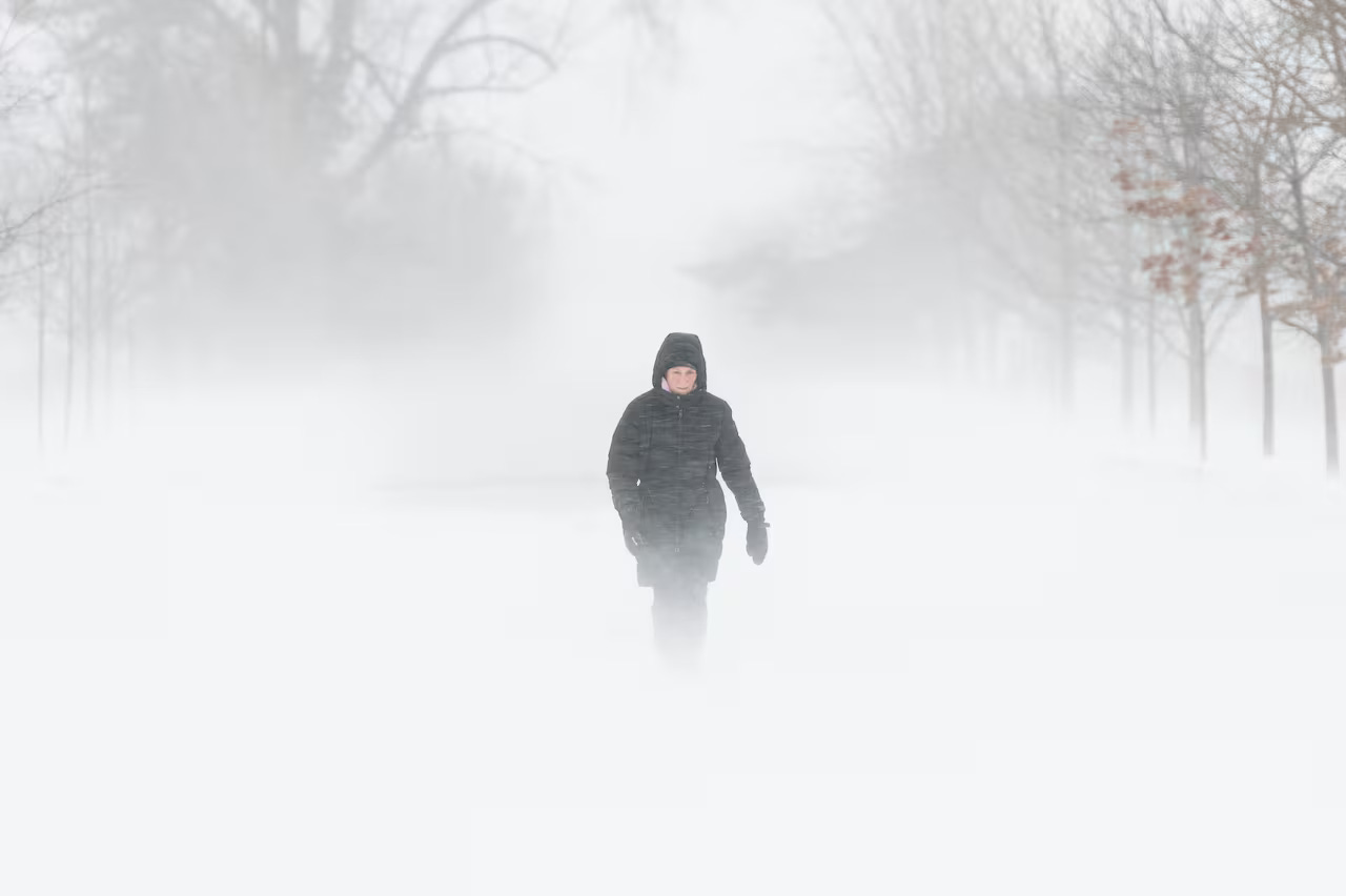 A woman walks down a road in a blizzard towards the camera.  Obscured deciduous trees frame the shot, obscured by the blowing snow.