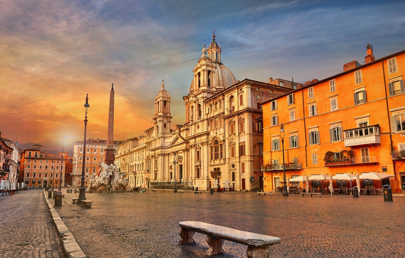 Photo wallpaper area, Rome, Italy, bench, obelisk, Piazza Navona, Fountain Of The Four Rivers