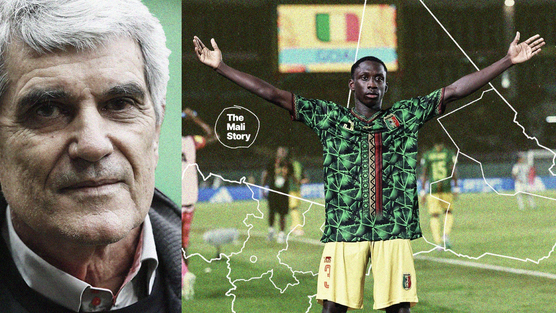 A composite image featuring a close-up photo of Jean-Marc Guillou on the left, and a photo of Hamidou Makalou standing with his arms outstretched at the 2023 FIFA U-17 World Cup.