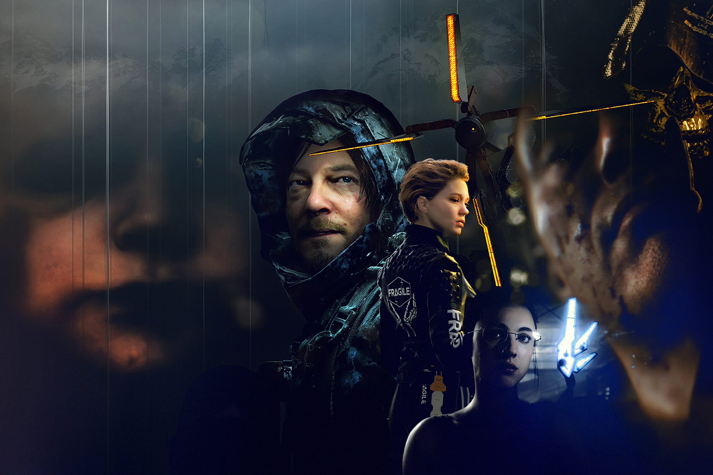 Dark and moody photo illustration feature characters from the Death Stranding video game