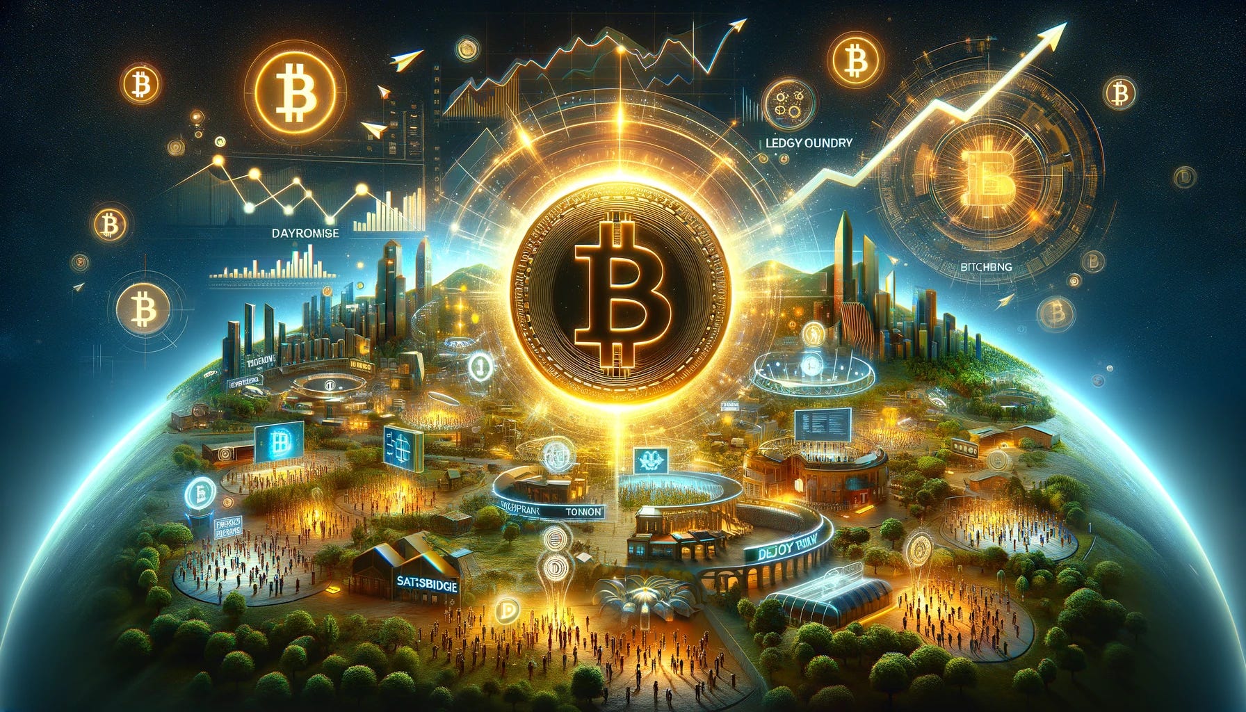 A digital art piece in landscape orientation, emphasizing the theme of growth in the context of KoiPond driving Bitcoin innovation. The central focus is a large, glowing symbol of Bitcoin, representing KoiPond's foundation on Bitcoin technology. Add dynamic elements like rising graphs or upward arrows around the Bitcoin symbol to symbolize growth. Surround this with vibrant and larger icons of 'Ledgy Yield' and 'SatsBridge', symbolizing their successful launches and growth. Include a prominent depiction of an airdrop event, with tokens descending towards a large group of people, illustrating investor growth and community expansion. The background features 'Fjord Foundry' and 'DeFiTankLand', shown as flourishing digital landscapes or cities, representing the thriving environment of these platforms. The overall atmosphere is dynamic and vibrant, visually representing growth, innovation, and the thriving ecosystem within the crypto sector. Adapt the layout to a wider perspective to enhance the narrative visually.