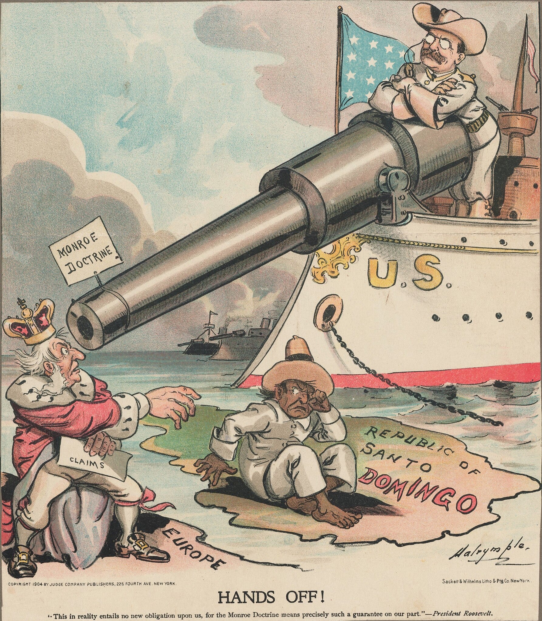 Political cartoon depicting Theodore Roosevelt using the Monroe Doctrine to keep European powers out of the Dominican Republic.