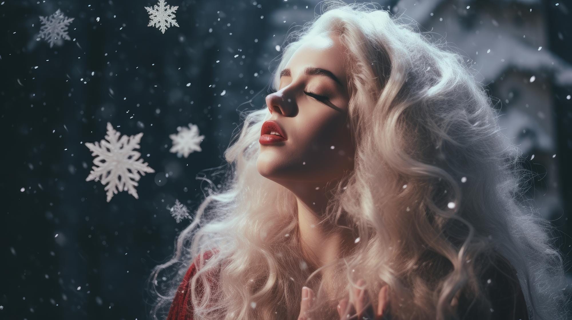 A beautiful woman in a Santa Claus costume surrounded by snowflakes