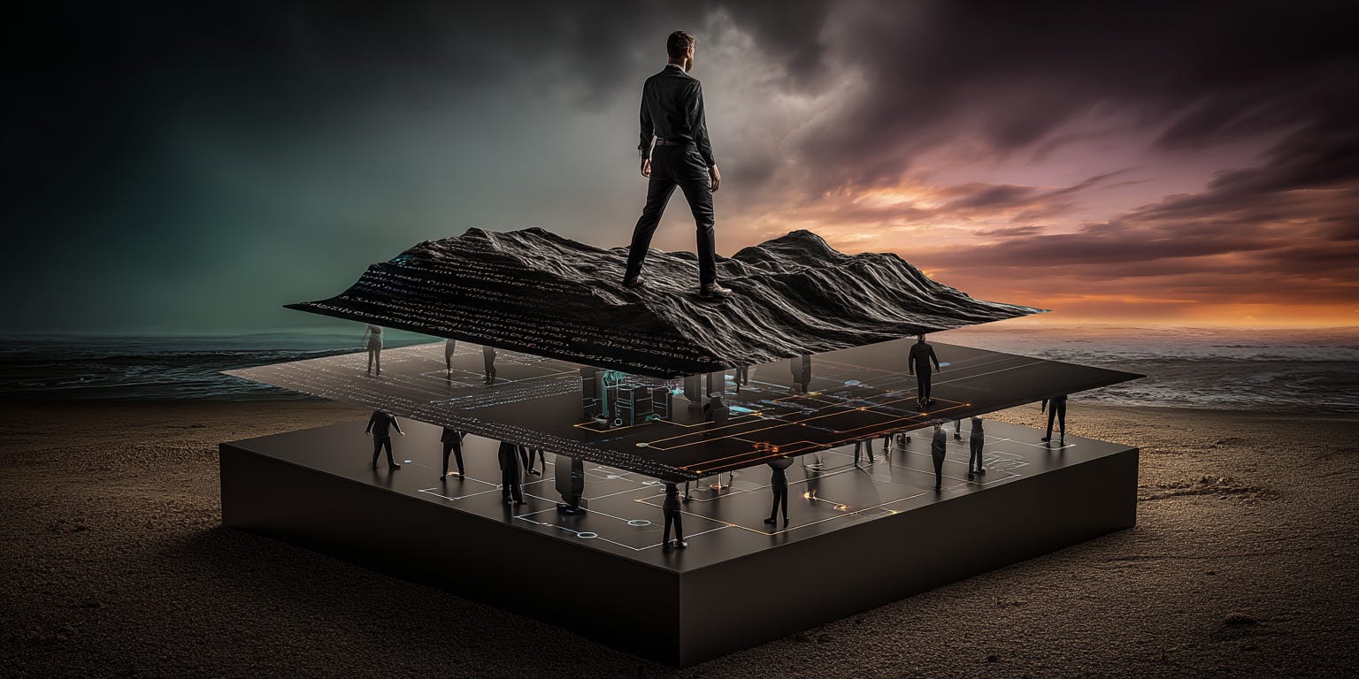 A minimalist, surreal illustration of a software developer standing on a mountain peak, looking down at three distinct layers below them. The closest layer shows lines of code as a textured surface. 