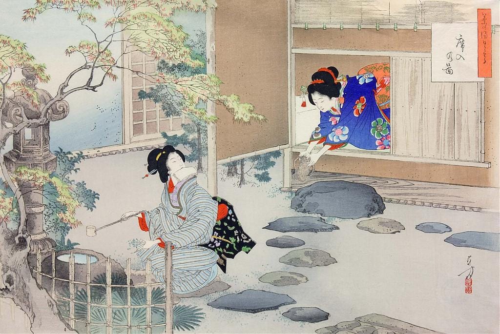 Entering the Tea Room, woodblock print by Toshikata Mizuno
