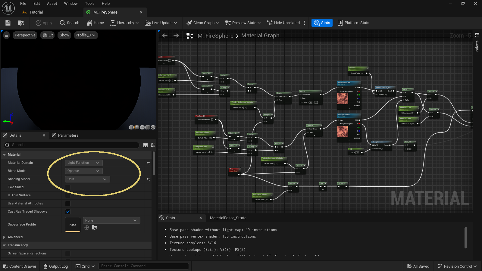 The Material  Domain must be Light Function and the Shading Model, ironically, is Unlit.