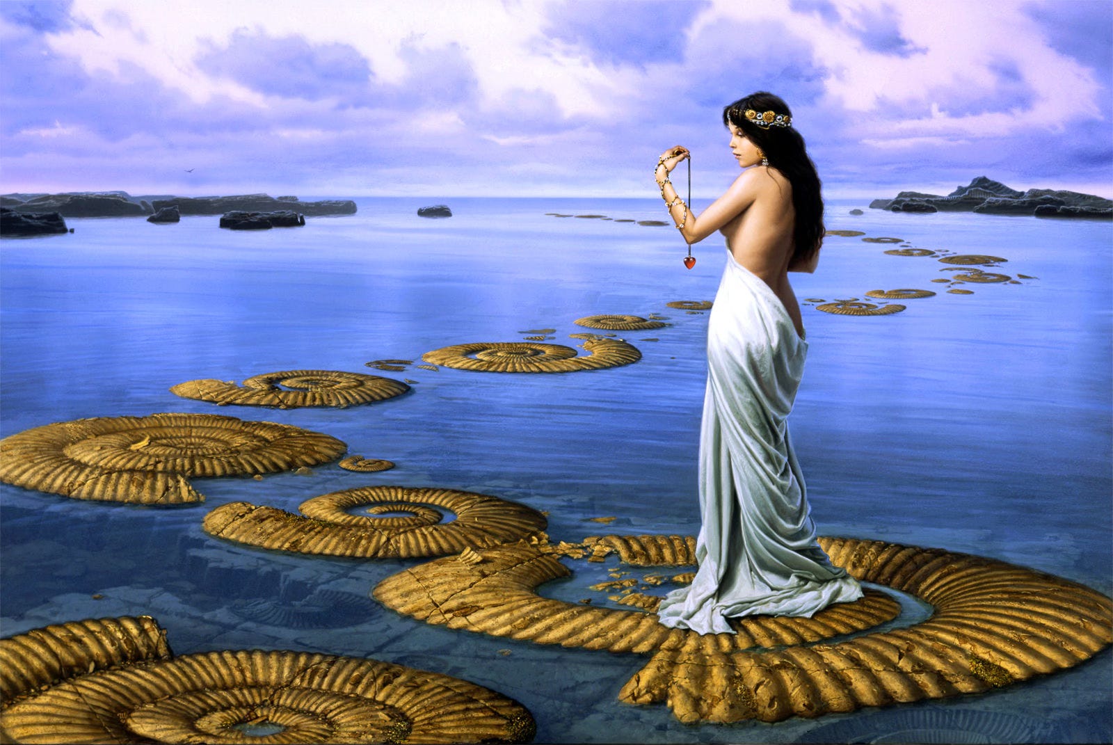 A dark haired beauty stands on a spiral fossil that rises barely above the surface of shallow water. A path of these ammonite stepping stone meanders out across placid water past a natural breakwater of rocks but doesn't quite reach the horizon. She doesn't appear to notice the path forward; she's stopped to admire a red glass heart that dangles from a cord. Her eyes aren't fixed on it though as her thoughts retreat inward. The pure white cloth draping her body spills down to reveal the bare skin of her back.