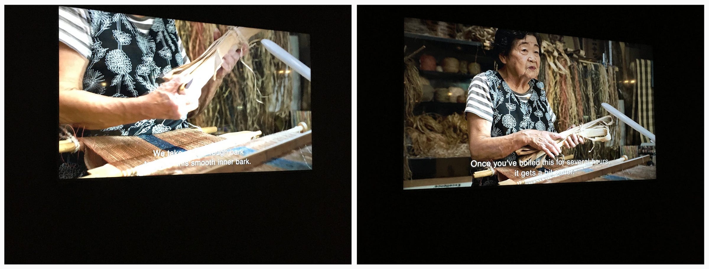 1-2. Video stills of attus weaver Kaizawa Yukiko explaining how to take the rough inner bark of a tree and process it so over time it becomes softer, before it can be stripped further for yarn.