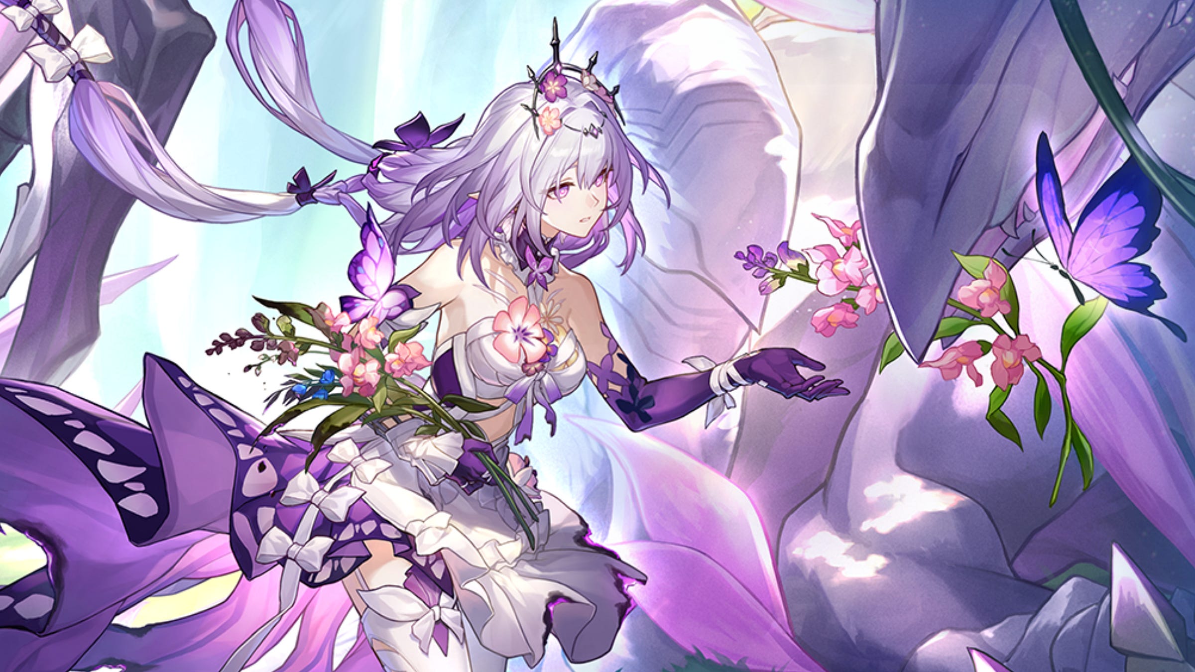 Illustration of a woman in a white and purple dress reaching out to a flower held in the mouth of a purple dragon Illustration of a woman in a white and purple dress reaching out to a flower held in the mouth of a purple dragon