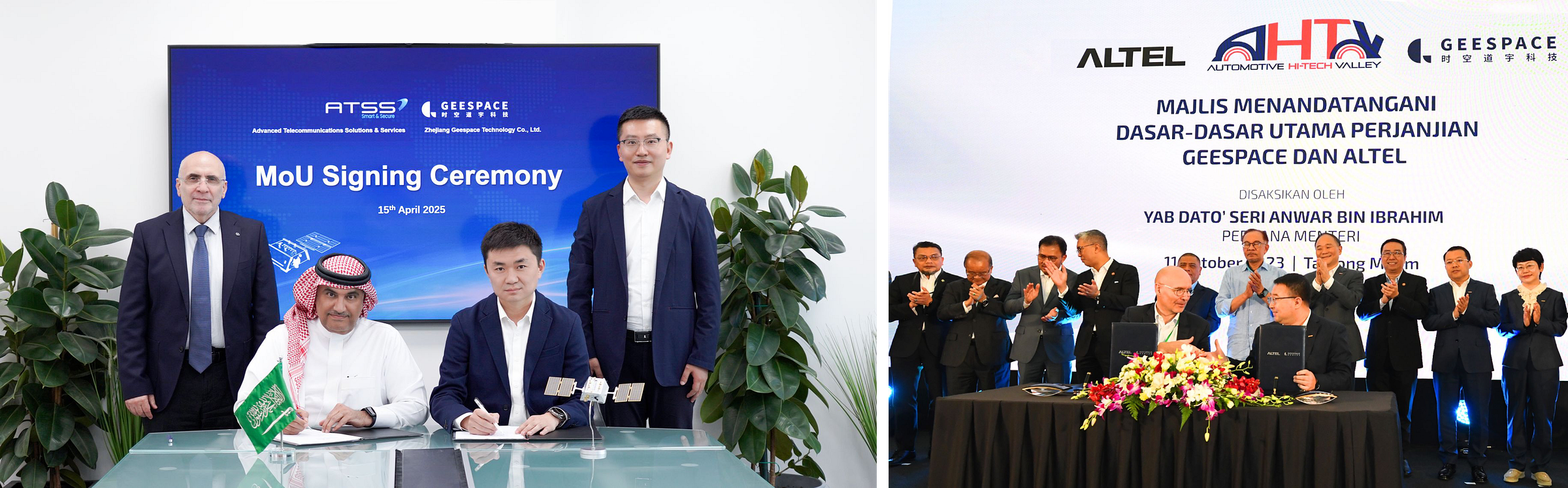 Geespace signing a memorandum of understanding in Saudi Arabia (left) and establishing a joint venture in Malaysia (right). Geespace signing a memorandum of understanding in Saudi Arabia (left) and establishing a joint venture in Malaysia (right).