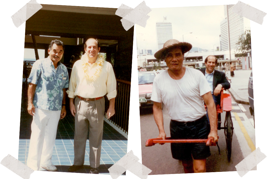 Left: Dad with the Bellman at the Mauna Kea Hotel on the Big Island in Hawaii. Right: Dad in Hong Kong where he shopped before a business meeting and was running late, early 1990s.